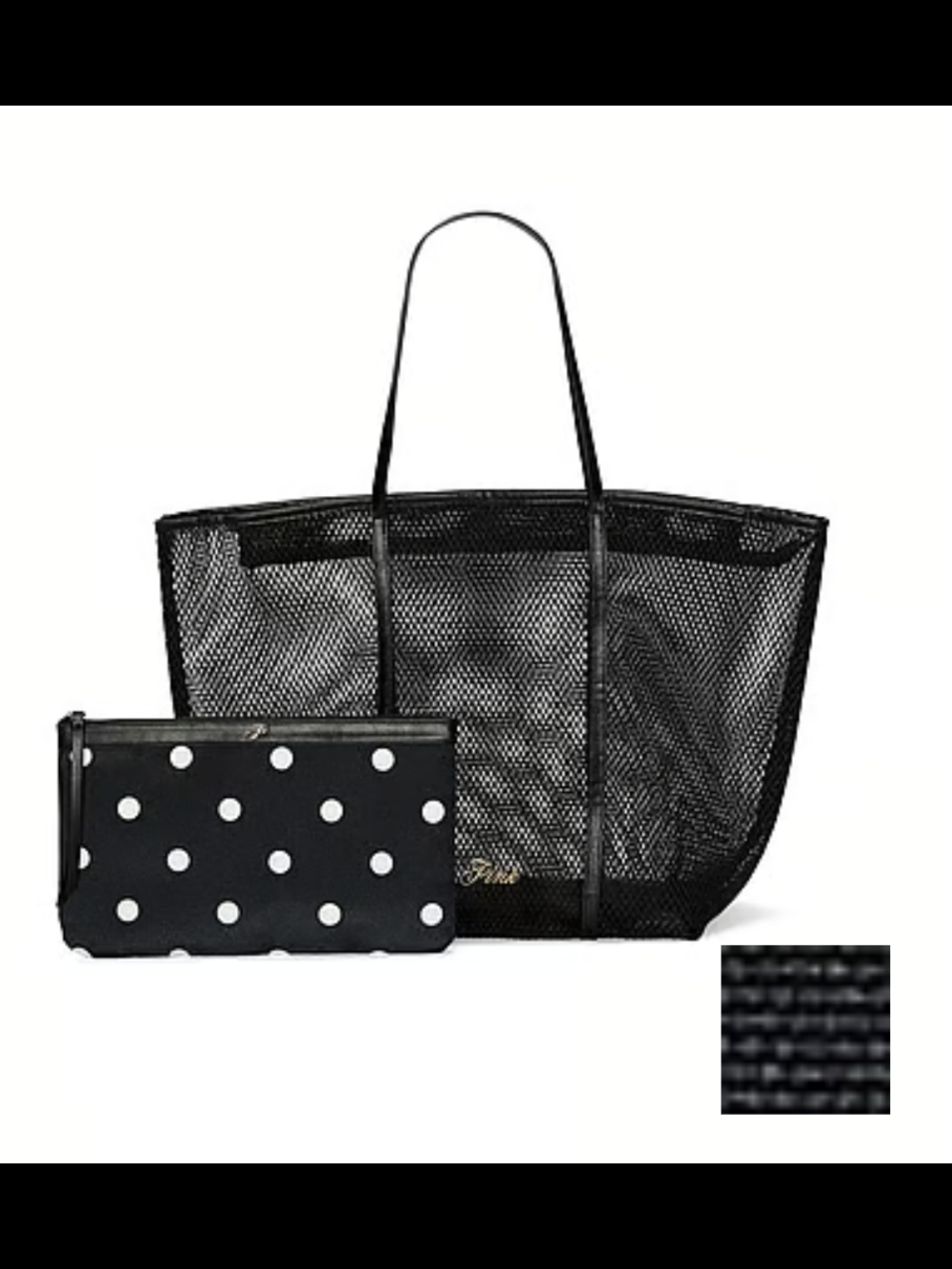 Pink By Victoria's Secret Black Mesh Beach Tote Bag with Polka Dot Pouch NWT/NIP